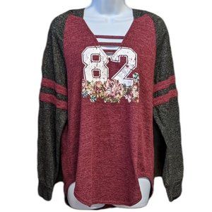 No Boundaries Top Long Sleeve Hooded V Neck Curved Hem Floral Juniors XL